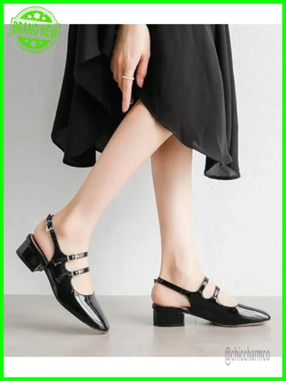 Women's Square Toe Block Heel Slingback Pumps Double Ankle Strap Patent Leather